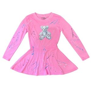 Firehouse pink disco bear long sleeve glitter splatter dress girls size 2/3 NWT